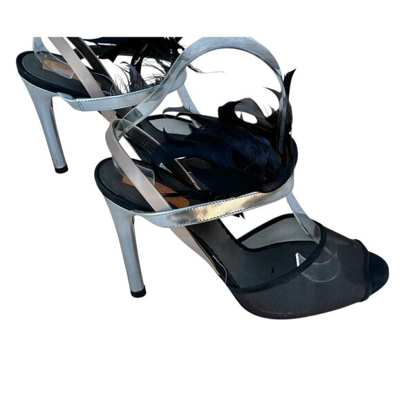 Reed Krakoff Black Mesh & Silver Leather Heels W/ Feathers Size 6.5 EU Size 37.5 - Picture 2 of 15
